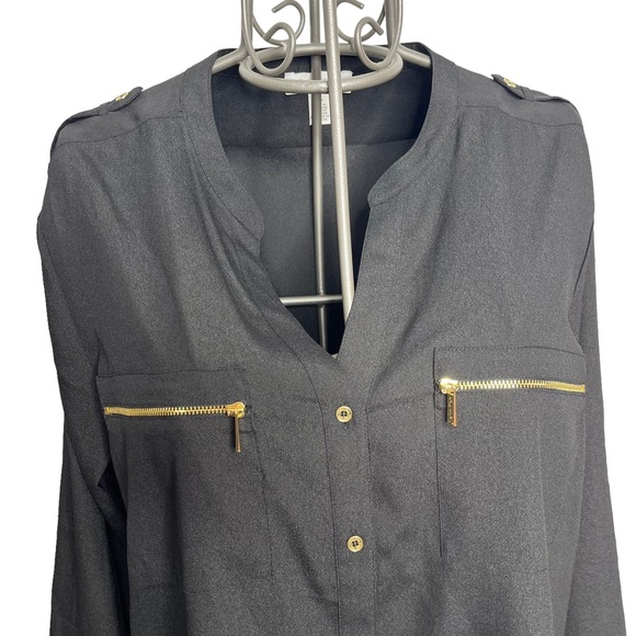 Calvin Klein Black& Gold Long Sleeve Button Down Blouse Size Large - Picture 3 of 13